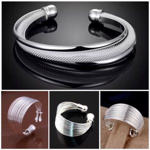 2pc Set Silver Filigree Wire Ring & Twisted Wire Mesh Cuff Bangle Bracelet